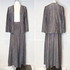 Vintage | Silver Tinsel Metallic A-Line Skirt and Open Front Blazer Set